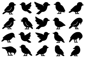 Sparrow Silhouette Set in 20 Unique Bird Poses. Clean Black and White Vector Outline Illustrations Featuring Perching, Flying, Chirping, Feeding, and Walking Sparrow
