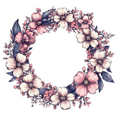 Romantic White Floral Wreath Illustration with Cotton Buds and Soft Aesthetic. Nature Border Design