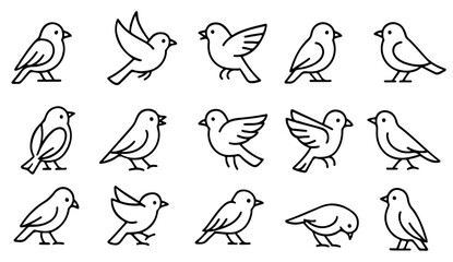 Minimalist Line Art Sparrow Icon Set in 16 Unique Bird Poses. Clean Black and White Vector Outline Illustrations Featuring Perching, Flying, Chirping, Feeding, and Walking Sparrow