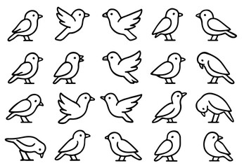 Minimalist Line Art Sparrow Icon Set in 20 Unique Bird Poses. Clean Black and White Vector Outline Illustrations Featuring Perching, Flying, Chirping, Feeding, and Walking Sparrow