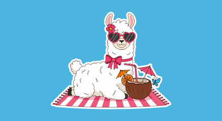 Flat Vector Illustration of Relaxing White Llama with Pink Accessories Sipping Coconut Drink on Striped Mat Against Blue Background