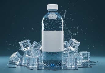 Splashing Water Bottle with Blank Label and Ice Cubes