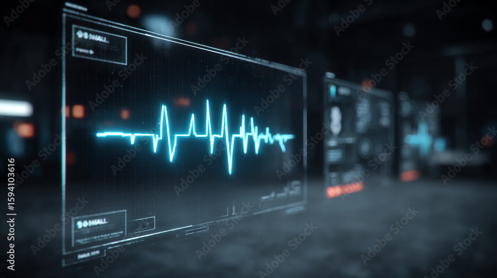 Wall mural futuristic medical background with glowing cyan heart rate graph pulsing on a dark digital screen. i