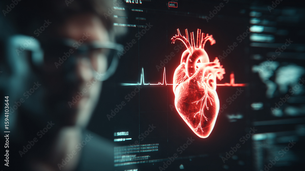 Wall mural futuristic medical background with glowing cyan heart rate graph pulsing on a dark digital screen. i