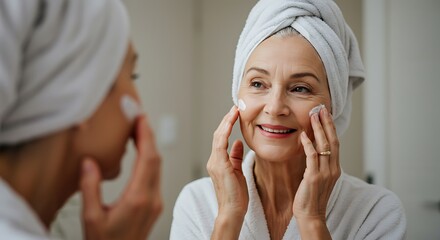 Mature woman applying facial cream in a bathroom.