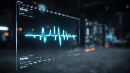 Futuristic medical background with glowing cyan heart rate graph pulsing on a dark digital screen. Includes HUD interface elements and biometric visuals. Minimal layout with caption space on the side.