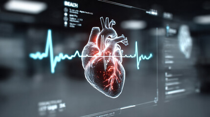 Futuristic medical background with glowing cyan heart rate graph pulsing on a dark digital screen. Includes HUD interface elements and biometric visuals. Minimal layout with caption space on the side.