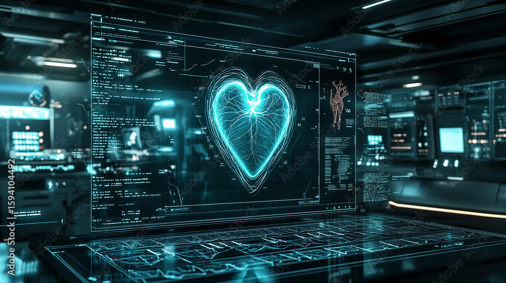 Wall mural futuristic medical background with glowing cyan heart rate graph pulsing on a dark digital screen. i