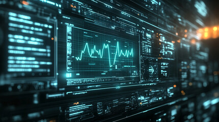 Futuristic medical background with glowing cyan heart rate graph pulsing on a dark digital screen. Includes HUD interface elements and biometric visuals. Minimal layout with caption space on the side.