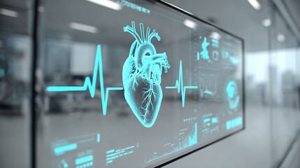 Futuristic medical background with glowing cyan heart rate graph pulsing on a dark digital screen. Includes HUD interface elements and biometric visuals. Minimal layout with caption space on the side.