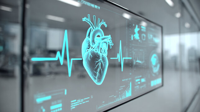 Futuristic medical background with glowing cyan heart rate graph pulsing on a dark digital screen. Includes HUD interface elements and biometric visuals. Minimal layout with caption space on the side.