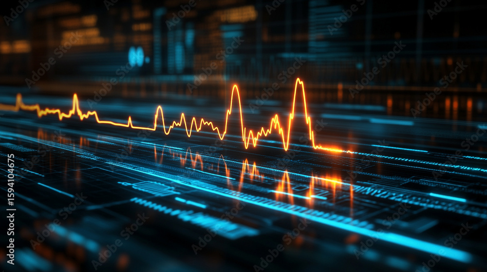 Wall mural futuristic medical background with glowing cyan heart rate graph pulsing on a dark digital screen. i