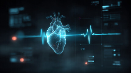 Futuristic medical background with glowing cyan heart rate graph pulsing on a dark digital screen. Includes HUD interface elements and biometric visuals. Minimal layout with caption space on the side.