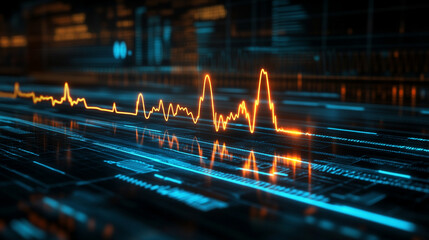 Futuristic medical background with glowing cyan heart rate graph pulsing on a dark digital screen. Includes HUD interface elements and biometric visuals. Minimal layout with caption space on the side.