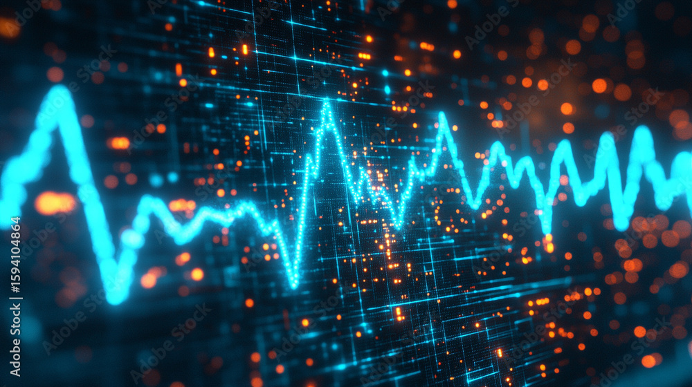 Wall mural futuristic medical background with glowing cyan heart rate graph pulsing on a dark digital screen. i