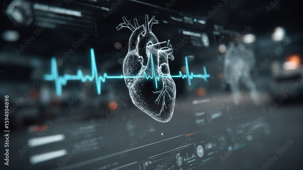 Wall mural futuristic medical background with glowing cyan heart rate graph pulsing on a dark digital screen. i