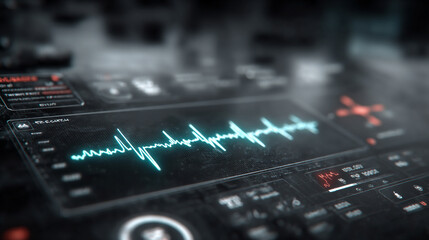 Futuristic medical background with glowing cyan heart rate graph pulsing on a dark digital screen. Includes HUD interface elements and biometric visuals. Minimal layout with caption space on the side.