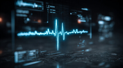 Futuristic medical background with glowing cyan heart rate graph pulsing on a dark digital screen. Includes HUD interface elements and biometric visuals. Minimal layout with caption space on the side.