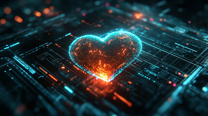 Futuristic medical background with glowing cyan heart rate graph pulsing on a dark digital screen. Includes HUD interface elements and biometric visuals. Minimal layout with caption space on the side.