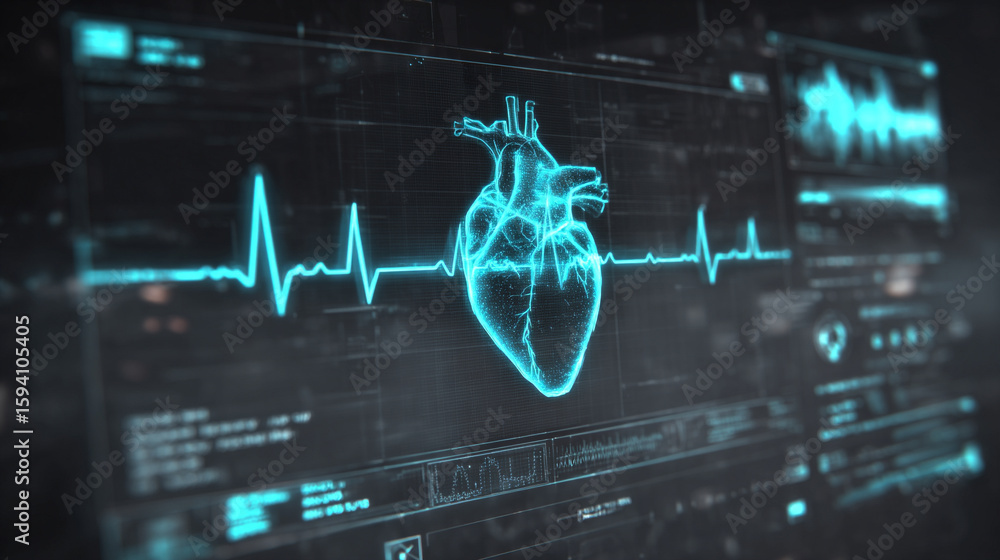 Wall mural futuristic medical background with glowing cyan heart rate graph pulsing on a dark digital screen. i