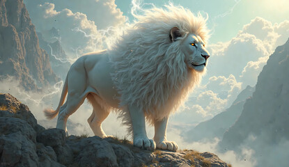 white lion standing on the top hill during the day