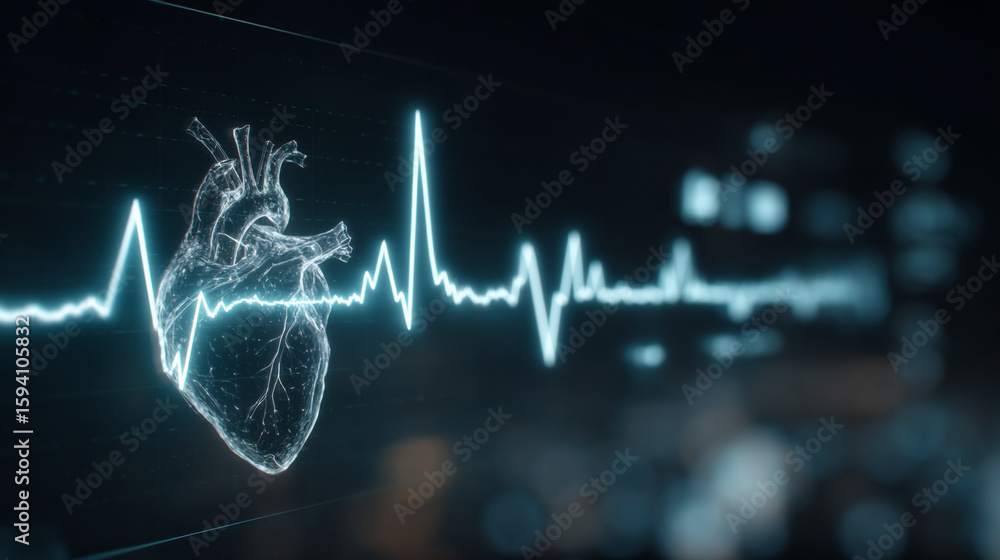Wall mural futuristic medical background with glowing cyan heart rate graph pulsing on a dark digital screen. i