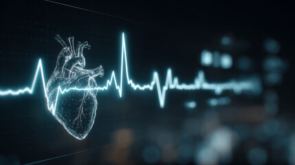 Futuristic medical background with glowing cyan heart rate graph pulsing on a dark digital screen. Includes HUD interface elements and biometric visuals. Minimal layout with caption space on the side.
