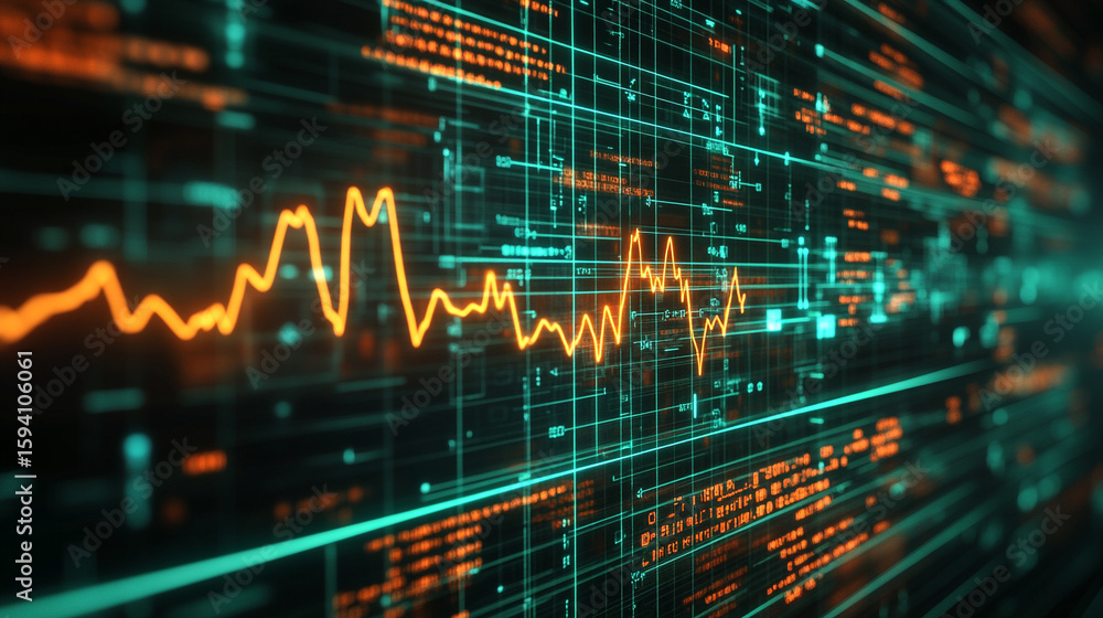 Wall mural futuristic medical background with glowing cyan heart rate graph pulsing on a dark digital screen. i