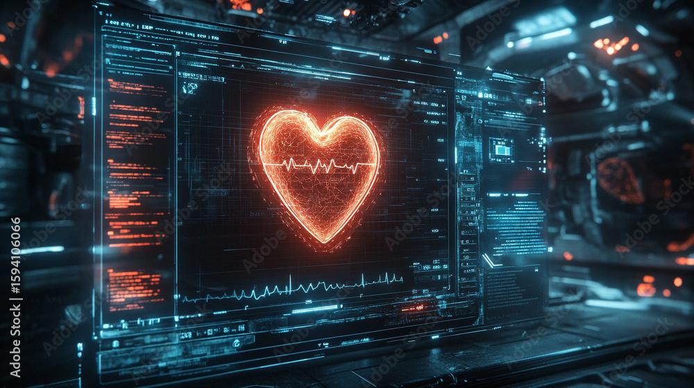 Wall mural futuristic medical background with glowing cyan heart rate graph pulsing on a dark digital screen. i