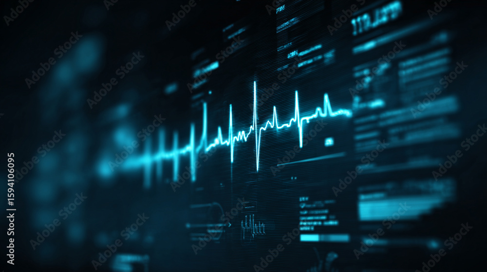 Wall mural futuristic medical background with glowing cyan heart rate graph pulsing on a dark digital screen. i