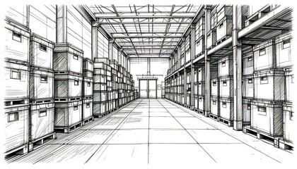Warehouse Interior Sketch with Shelves and Boxes Perspective