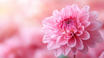 Fototapeta premium Close-up of a vibrant pink dahlia in full bloom. The intricate layers of petals radiate elegance and beauty, set against a soft background with space for text, ideal for floral and nature concepts.