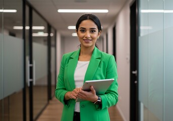 Confident Businesswoman in Green Blazer Holding Tablet in Office Hallway