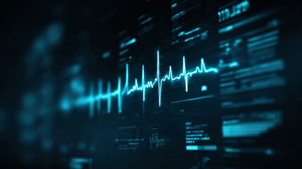 Futuristic medical background with glowing cyan heart rate graph pulsing on a dark digital screen. Includes HUD interface elements and biometric visuals. Minimal layout with caption space on the side.