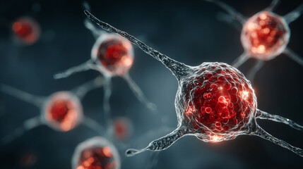 3D medical illustration of lymphocytes and immune system components. Abstract microscopic view showing immune defense cells, biology concepts, and immunology research visuals.

