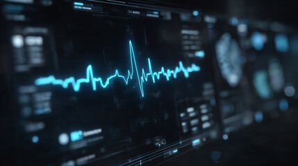 Futuristic medical background with glowing cyan heart rate graph pulsing on a dark digital screen. Includes HUD interface elements and biometric visuals. Minimal layout with caption space on the side.