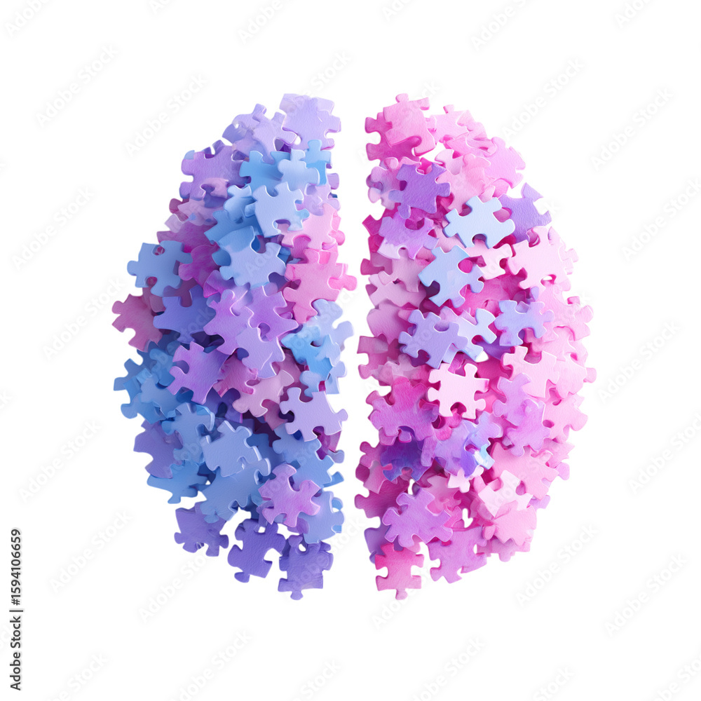 Poster abstract brain shape formed by colorful puzzle pieces isolated on transparent background