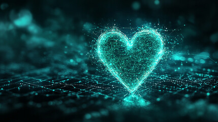 Futuristic medical background with glowing cyan heart rate graph pulsing on a dark digital screen. Includes HUD interface elements and biometric visuals. Minimal layout with caption space on the side.