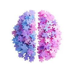 Abstract brain shape formed by colorful puzzle pieces isolated on transparent background