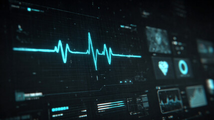 Futuristic medical background with glowing cyan heart rate graph pulsing on a dark digital screen. Includes HUD interface elements and biometric visuals. Minimal layout with caption space on the side.
