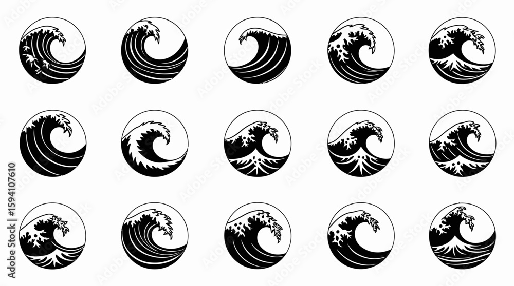 Poster a collection of vector illustrations showcasing water splash designs, presented in a circular format