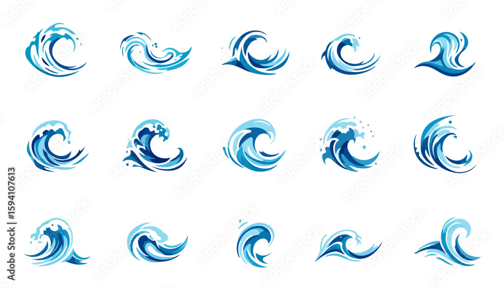 Poster dynamic collection of stylized water splash vectors, showcasing fluid motion and artistic design, pe
