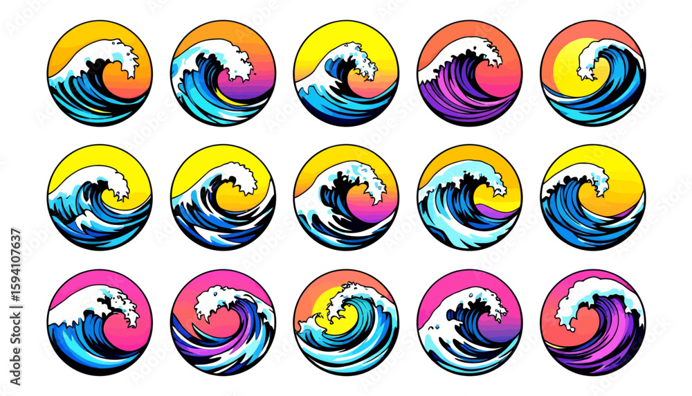 Poster dynamic vector illustrations of crashing ocean waves with vibrant gradient backgrounds, perfect for 