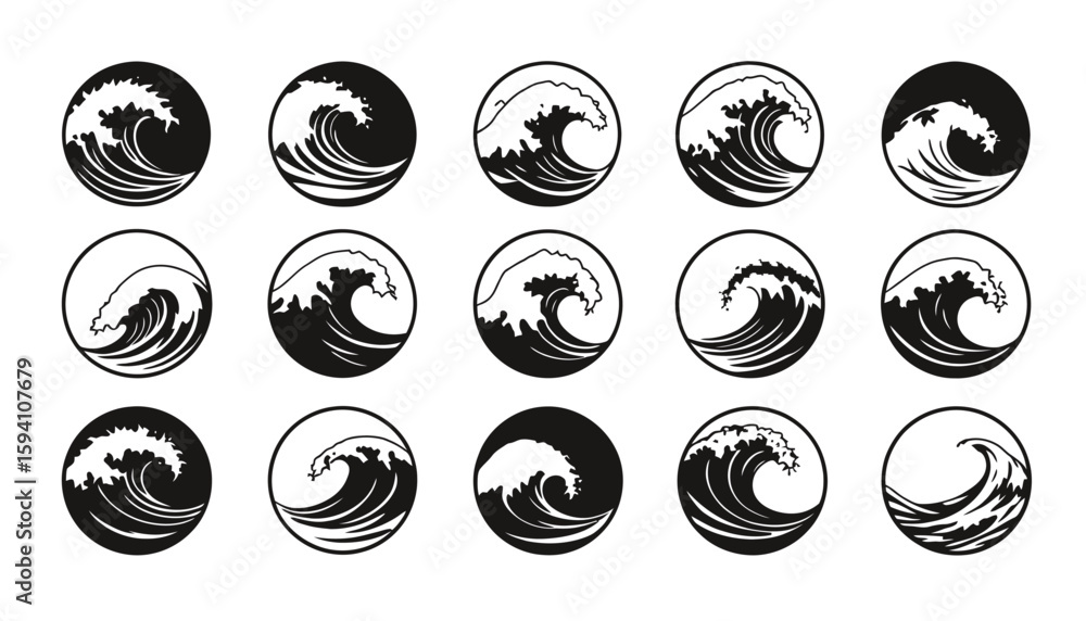 Poster a collection of stylized black and white vector icons depicting dynamic ocean waves and water splash