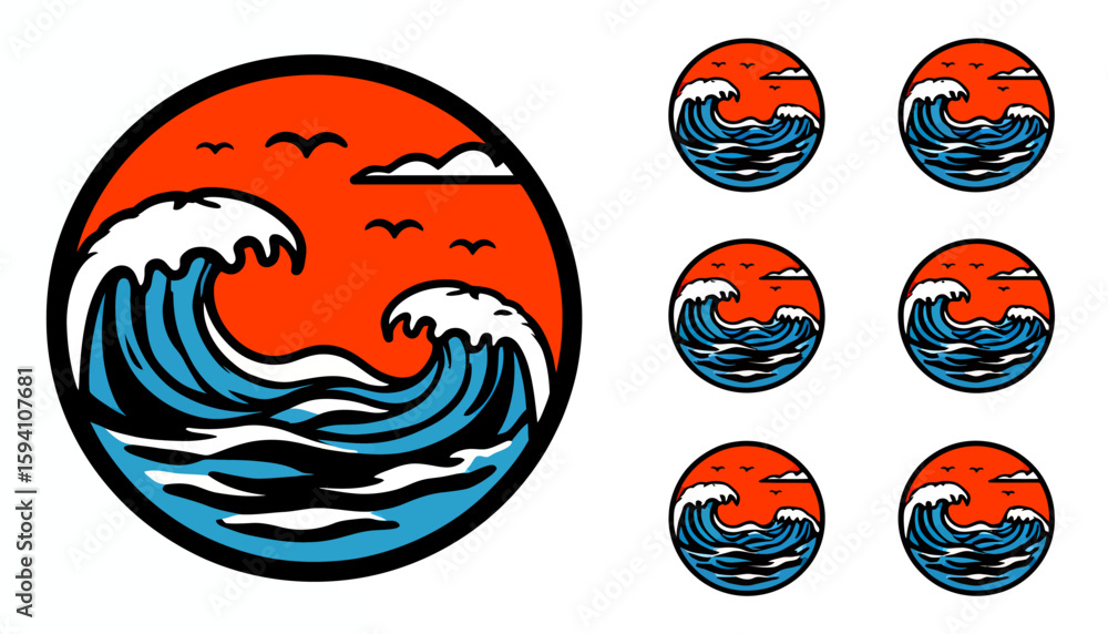 Poster a dynamic vector illustration showcases a stylized ocean wave crashing against a vibrant orange suns