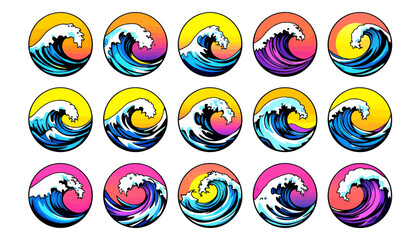 Dynamic vector illustrations of crashing ocean waves with vibrant gradient backgrounds, perfect for summer and beach themes.