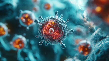 3D medical illustration of lymphocytes and immune system components. Abstract microscopic view showing immune defense cells, biology concepts, and immunology research visuals.
