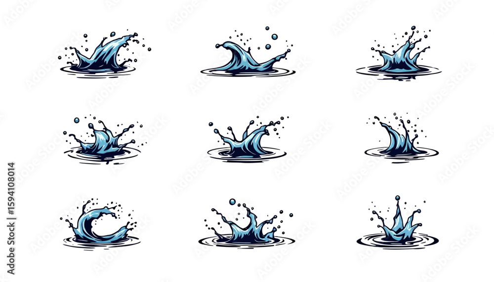 Poster dynamic collection of nine distinct water splash illustrations, presented as a vector graphic with t