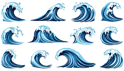 Fototapeta premium Dynamic collection of powerful ocean waves with detailed white foam and splashing water, perfect for graphic design elements.