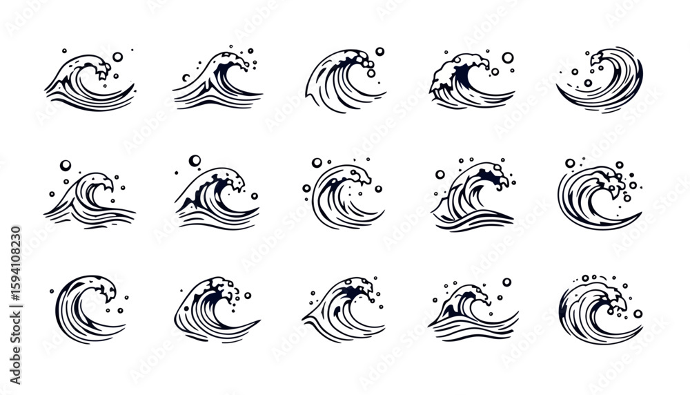 Poster a vector illustration showcases a collection of stylized water splash designs, perfect for graphic r